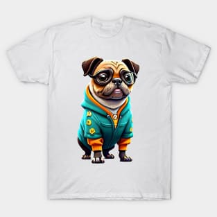 Cute Pug in Green Hoodie - Adorable Nerdy Dog T-shirt Design T-Shirt